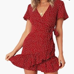 Red polka dot wrap dress